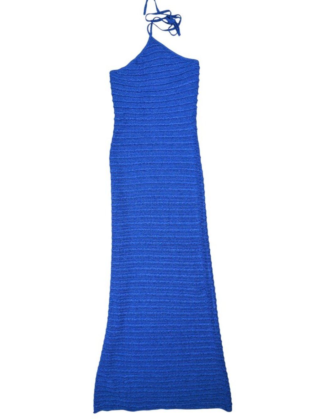 Mango Metallic Textured Knit Halter Dress in Blue